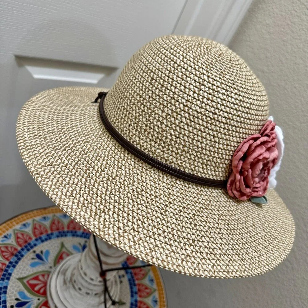 Elegant Women's Tweed Sun Hat With Satin Flowers And Pearls Wedding Tea Party